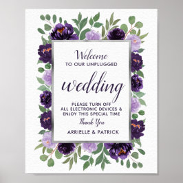 Paarse Silver Floral Green Unplugged Wedding Sign Poster