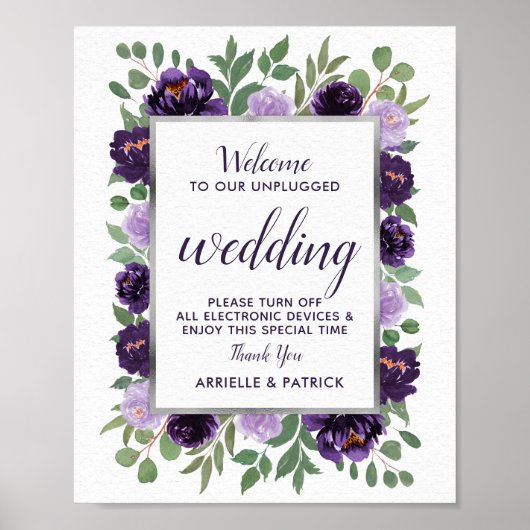 Paarse Silver Floral Green Unplugged Wedding Sign Poster (Voorkant)