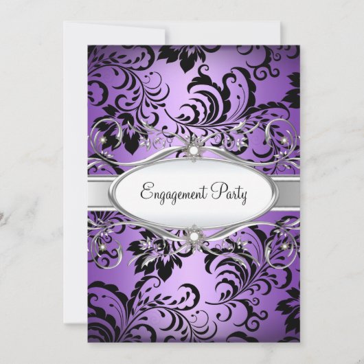 Paarse Silver Floral Swirl Engagement Party nodigt Kaart (Voorkant)