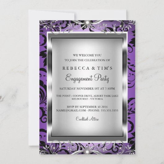Paarse Silver Floral Swirl Engagement Party nodigt Kaart (Achterkant)