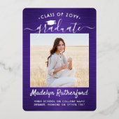 Paarse & Silver Foil Foto Afstuderen Aankondiging (Voorkant)