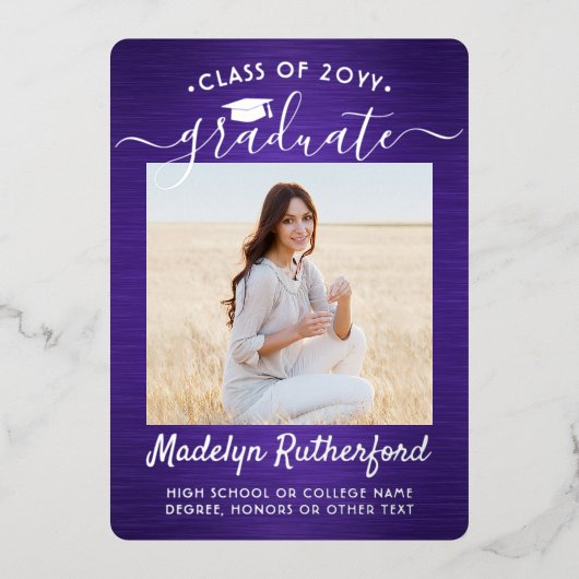 Paarse & Silver Foil Foto Afstuderen Aankondiging (Voorkant)
