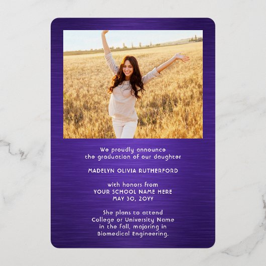 Paarse & Silver Foil Foto Afstuderen Aankondiging (Achterkant)