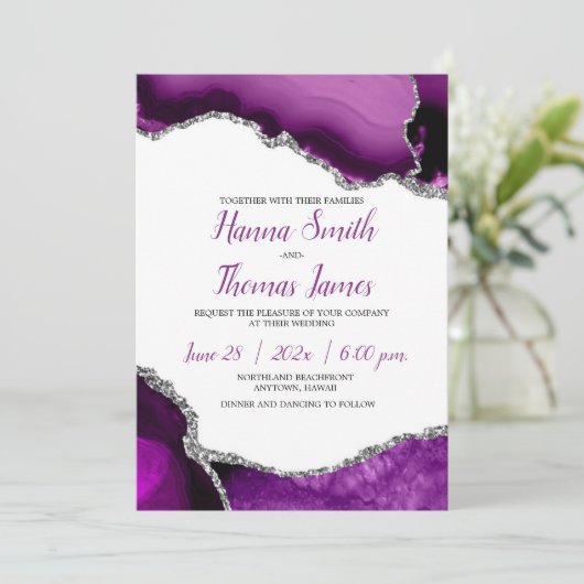 Paarse Silver Glitter Agate Wedding Kaart (Staand voorkant)