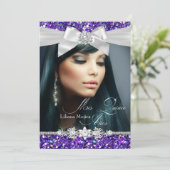Paarse Silver Glitter Bow Foto Quinceanera nodigt  Kaart (Staand voorkant)