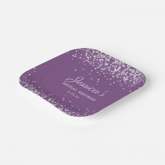 Paarse Silver Glitter Bride Name Vrijgezellenfeest Papieren Bordje (Gebogen)