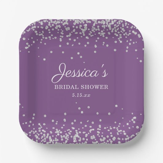 Paarse Silver Glitter Bride Name Vrijgezellenfeest Papieren Bordje (Voorkant)