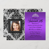 Paarse Silver Glitter Damask Foto Sweet 16 Kaart (Voorkant / Achterkant)
