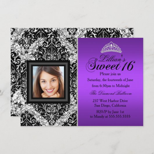 Paarse Silver Glitter Damask Foto Sweet 16 Kaart (Voorkant / Achterkant)