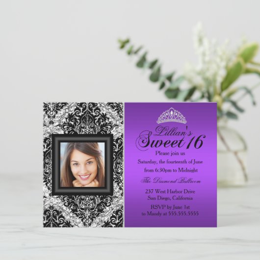 Paarse Silver Glitter Damask Foto Sweet 16 Kaart (Staand voorkant)