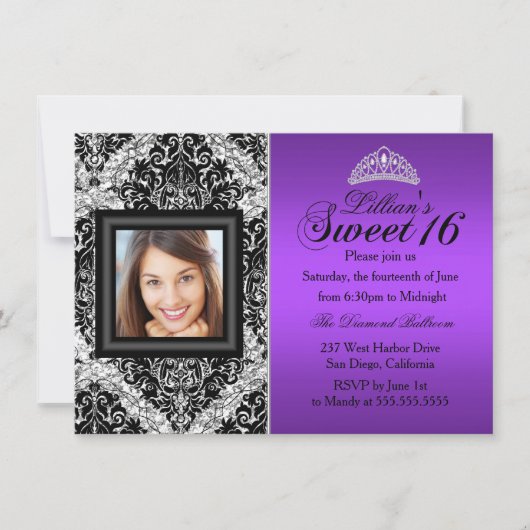 Paarse Silver Glitter Damask Foto Sweet 16 Kaart (Voorkant)