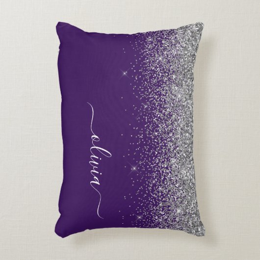 Paarse Silver Glitter Girly Glam Monogram Accent Kussen (Voorkant(Verticaal))
