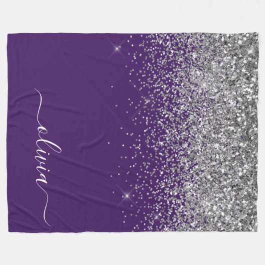 Paarse Silver Glitter Girly Glam Monogram Fleece Deken (Voorkant (Horizontaal))