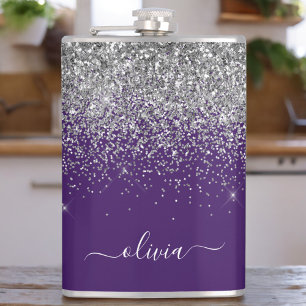 Paarse Silver Glitter Girly Glam Monogram Heupfles