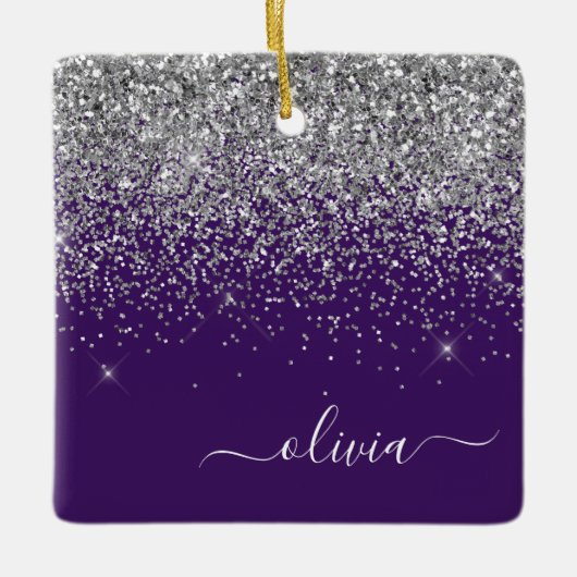Paarse Silver Glitter Girly Glam Monogram Keramisch Ornament (Voorkant)