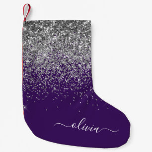 Paarse Silver Glitter Girly Glam Monogram  Kleine Kerstsok