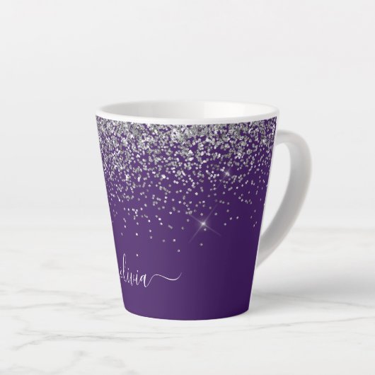 Paarse Silver Glitter Girly Glam Monogram Latte Mok (Rechterhoek)