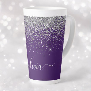 Paarse Silver Glitter Girly Glam Monogram Latte Mok