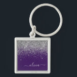 Paarse Silver Glitter Girly Glam Monogram Sleutelhanger<br><div class="desc">Zilveren en Paarse Sparkle Glitter Manuscript monogram Naam Keychains (Sleutelhanger). Dit maakt de perfecte liefhebbende 16 verjaardag,  bruiloft,  vrijgezellenfeest,  verjaardagsdag,  baby shower of vrijgezellenfeest voor iemand die van luxe glam en stijl houdt.</div>
