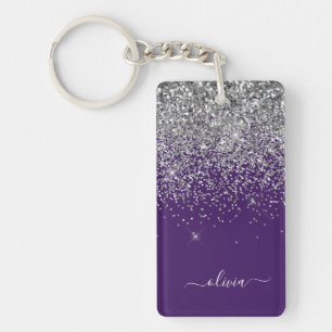 Paarse Silver Glitter Girly Glam Monogram Sleutelhanger