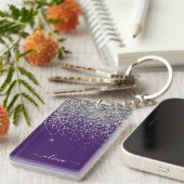 Paarse Silver Glitter Girly Glam Monogram Sleutelhanger (Voorkant Rechts)