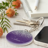 Paarse Silver Glitter Girly Glam Monogram Sleutelhanger (Voorkant Rechts)