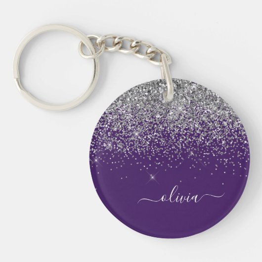 Paarse Silver Glitter Girly Glam Monogram Sleutelhanger (Voorkant)