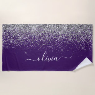 Paarse Silver Glitter Girly Glam Monogram  Strandlaken
