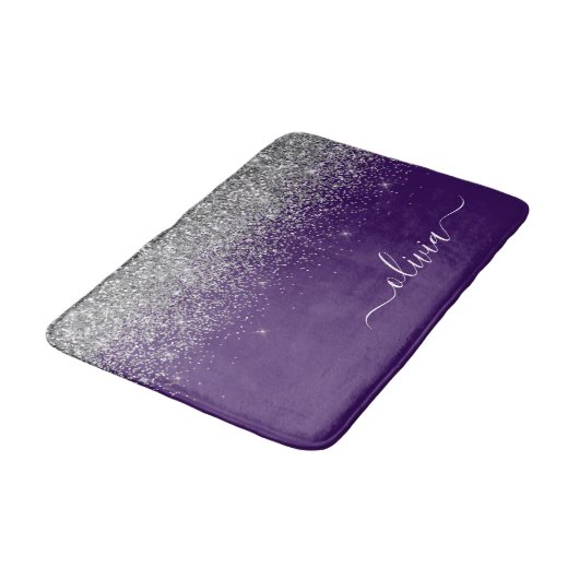 Paarse Silver Glitter Girly Monogram Naam Badmat (Gekanteld)