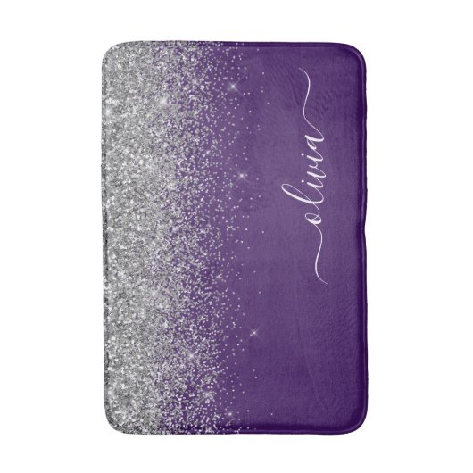 Paarse Silver Glitter Girly Monogram Naam Badmat (Voorkant Verticaal)