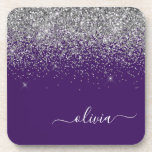 Paarse Silver Glitter Girly Monogram Naam Bier Onderzetter<br><div class="desc">De Paarse en Zilveren Onderzetters van het Manuscript van Glitter noemen Monogram de Naam van het Papier. Dit maakt het perfecte afstuderen,  de verjaardag,  de bruiloft,  het vrijgezellenfeest,  de verjaardag,  het baby shower of het bachelorette feest cadeau voor iemand die van glam luxe en chic stijlen houdt.</div>