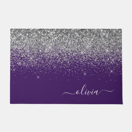 Paarse Silver Glitter Girly Monogram Naam Deurmat (Voorkant)