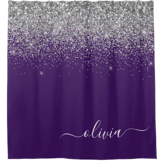 Paarse Silver Glitter Girly Monogram Naam Douchegordijn (Voorkant)