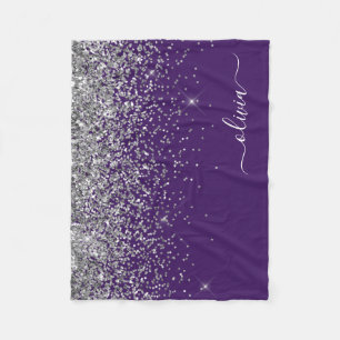 Paarse Silver Glitter Girly Monogram Naam Fleece Deken
