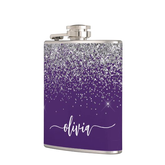 Paarse Silver Glitter Girly Monogram Naam Heupfles (Links)