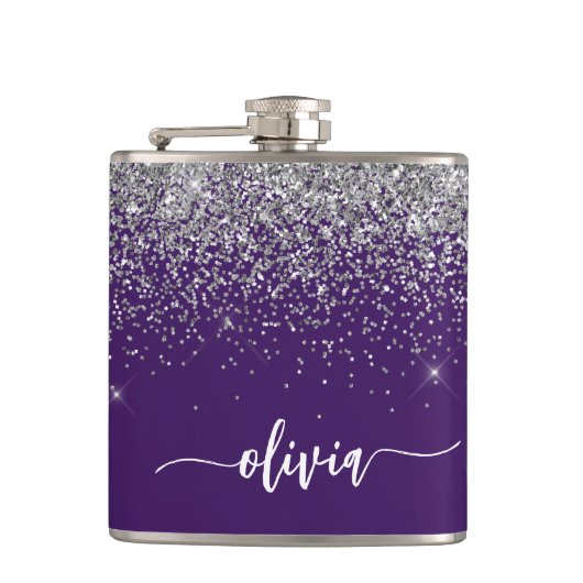 Paarse Silver Glitter Girly Monogram Naam Heupfles (Voorkant)