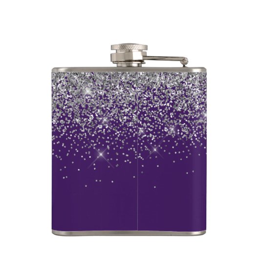 Paarse Silver Glitter Girly Monogram Naam Heupfles (Achterkant)