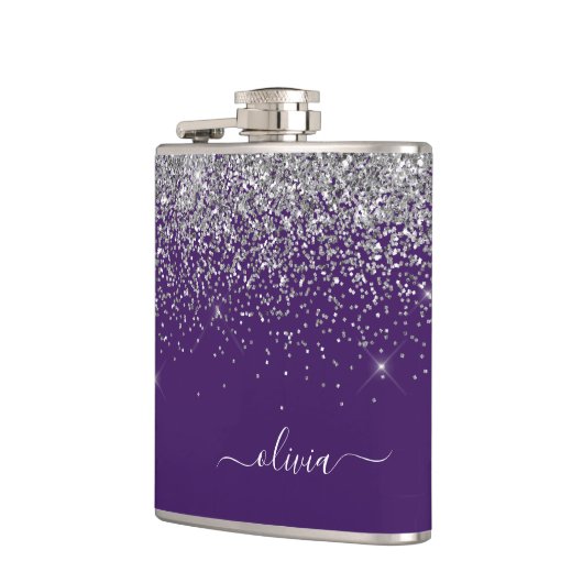 Paarse Silver Glitter Girly Monogram Naam Heupfles (Links)