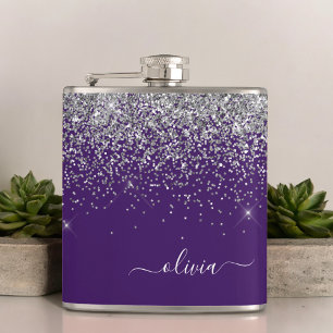 Paarse Silver Glitter Girly Monogram Naam Heupfles