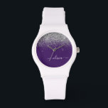 Paarse Silver Glitter Girly Monogram Naam Horloge<br><div class="desc">Paarse en Zilveren Sparkle Glitter Manuscript Monogram Name Watch. Dit maakt het perfecte afstuderen,  de verjaardag,  de bruiloft,  het vrijgezellenfeest,  de verjaardag,  het baby shower of het bachelorette feest cadeau voor iemand die van glam luxe en chic stijlen houdt.</div>