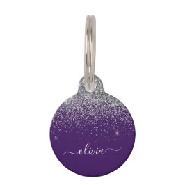 Paarse Silver Glitter Girly Monogram Naam Huisdierpenning