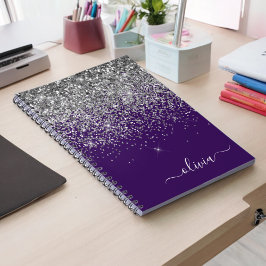 Paarse Silver Glitter Girly Monogram Naam Notitieboek