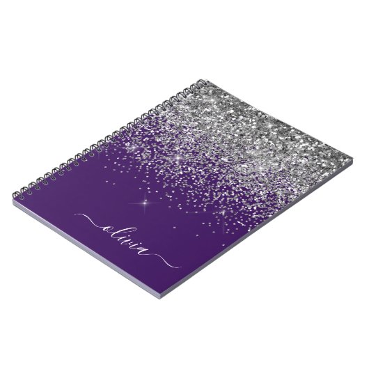 Paarse Silver Glitter Girly Monogram Naam Notitieboek (Linkerzijde)