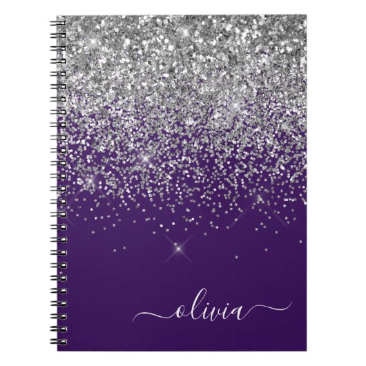 Paarse Silver Glitter Girly Monogram Naam Notitieboek (Voorkant)