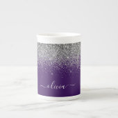 Paarse Silver Glitter Girly Monogram Naam Porselein Kop (Voorkant)