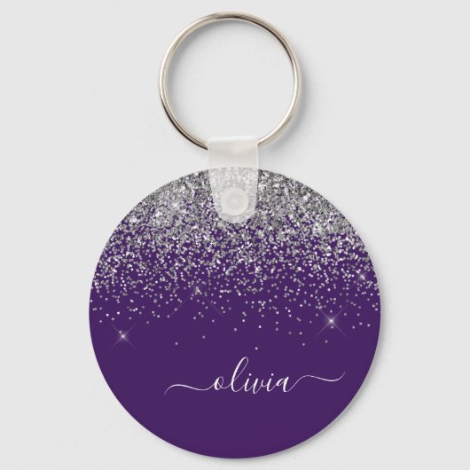 Paarse Silver Glitter Girly Monogram Naam Sleutelhanger (Voorkant)