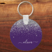 Paarse Silver Glitter Girly Monogram Naam Sleutelhanger (Voorkant)