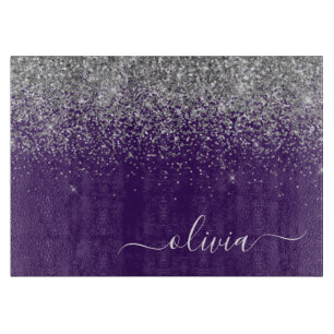 Paarse Silver Glitter Girly Monogram Naam Snijplank