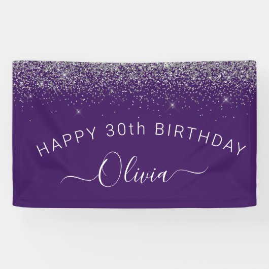 Paarse Silver Glitter Girly Monogram Naam Spandoek (Horizontaal)