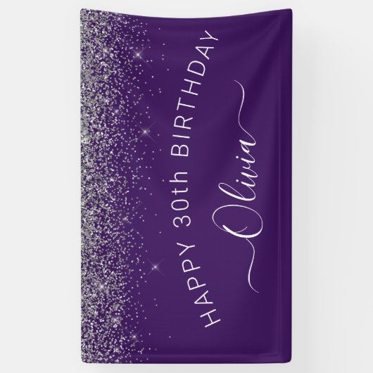Paarse Silver Glitter Girly Monogram Naam Spandoek (Verticaal)